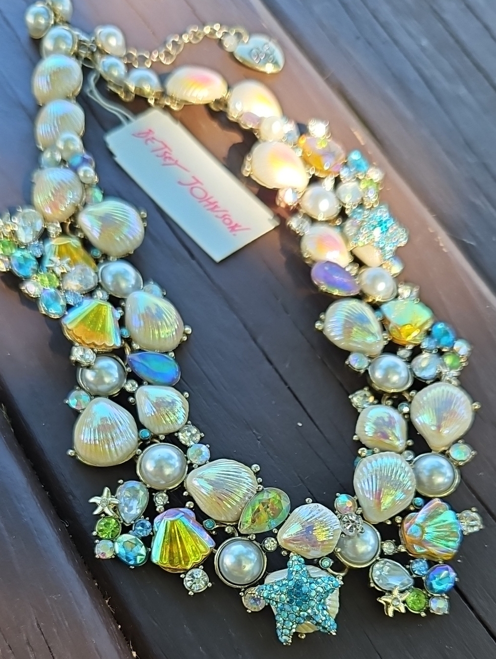 Betsey Johnson Iridescent Pearl Shell Necklace with Blue Star Accents